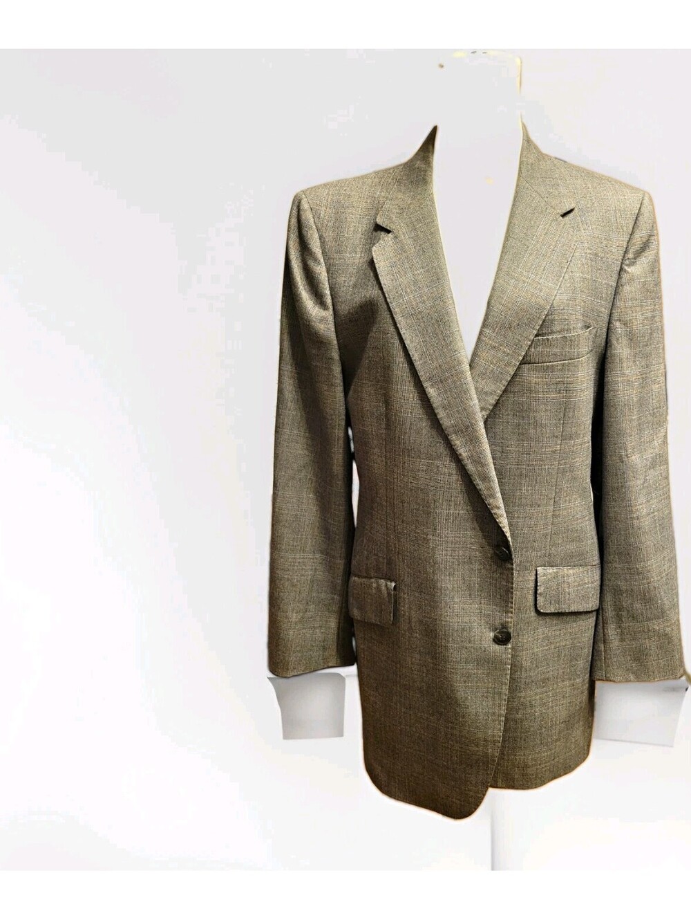 Vintage LANVIN mens Paris Plaid Blazer Sport Coat Grey 100% Virgin Wool Satin
